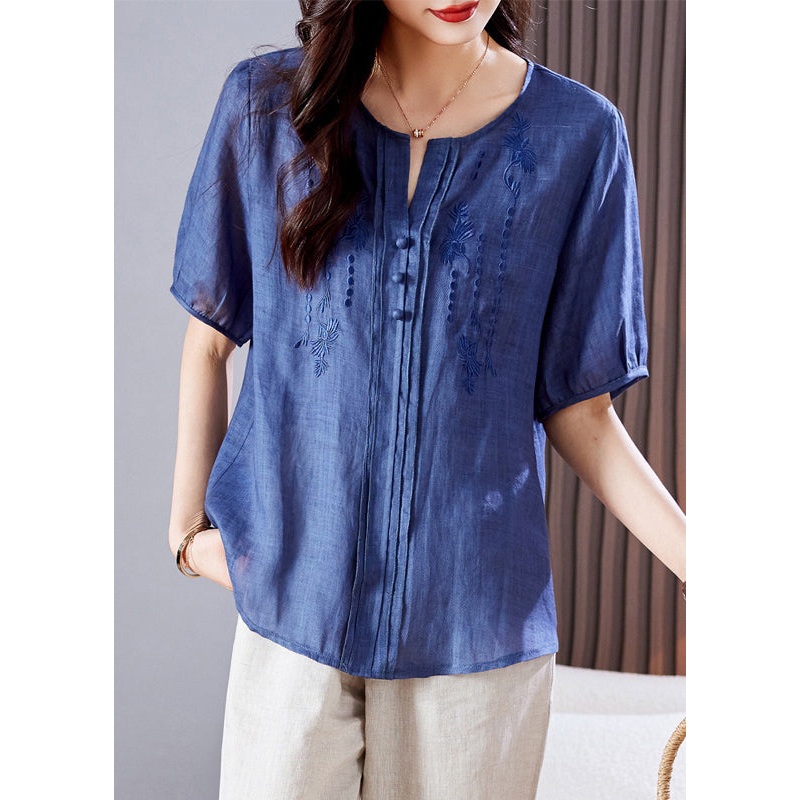 Blue Linen Top Embroidered Wrinkled Summer