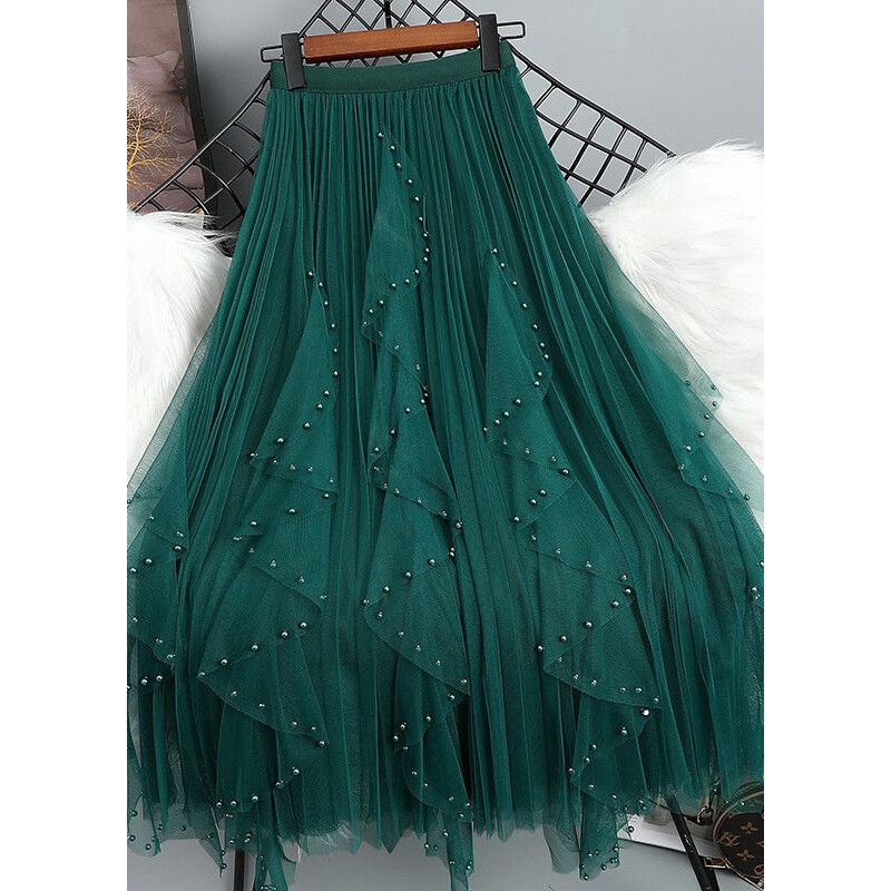 Bohemian Green Nail Bead Patchwork Elastic Waist Tulle Maxi Skirt