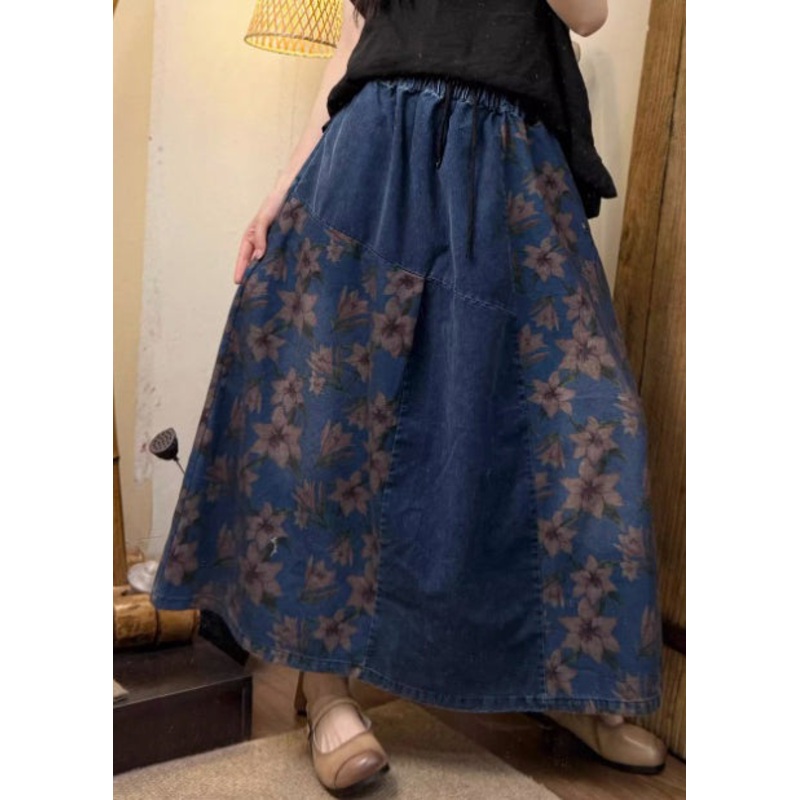 Boho Blue Oversized Patchwork Denim A Line Skirt Summer