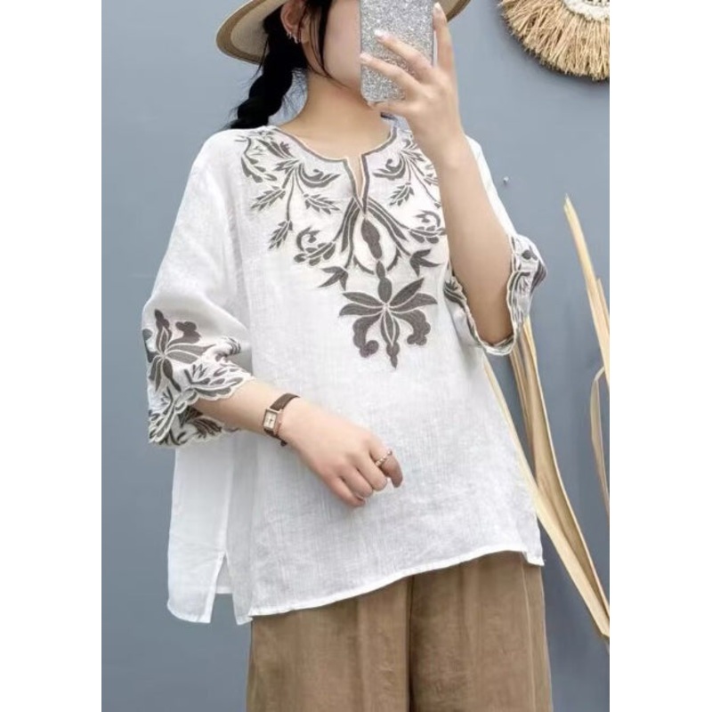 Boho White Embroidered Cotton Shirt Tops Bracelet Sleeve
