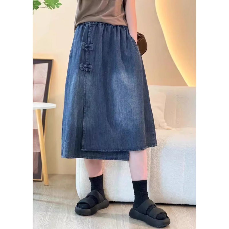 Boutique Blue Patchwork Chinese Button Denim Skirts Summer