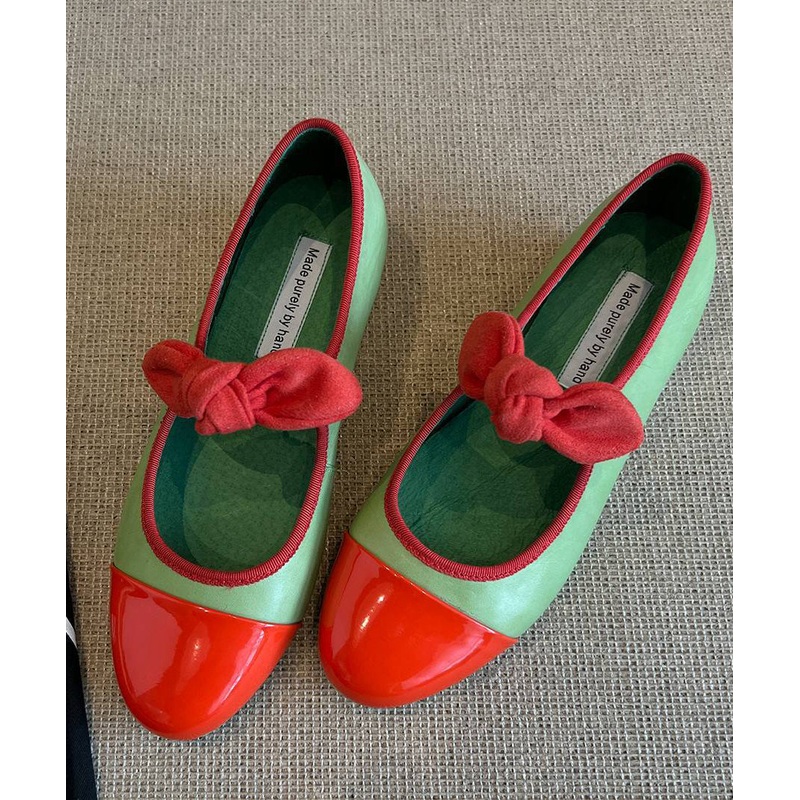 Boutique Bow Splicing Flat Feet Shoes Green Cowhide Leather