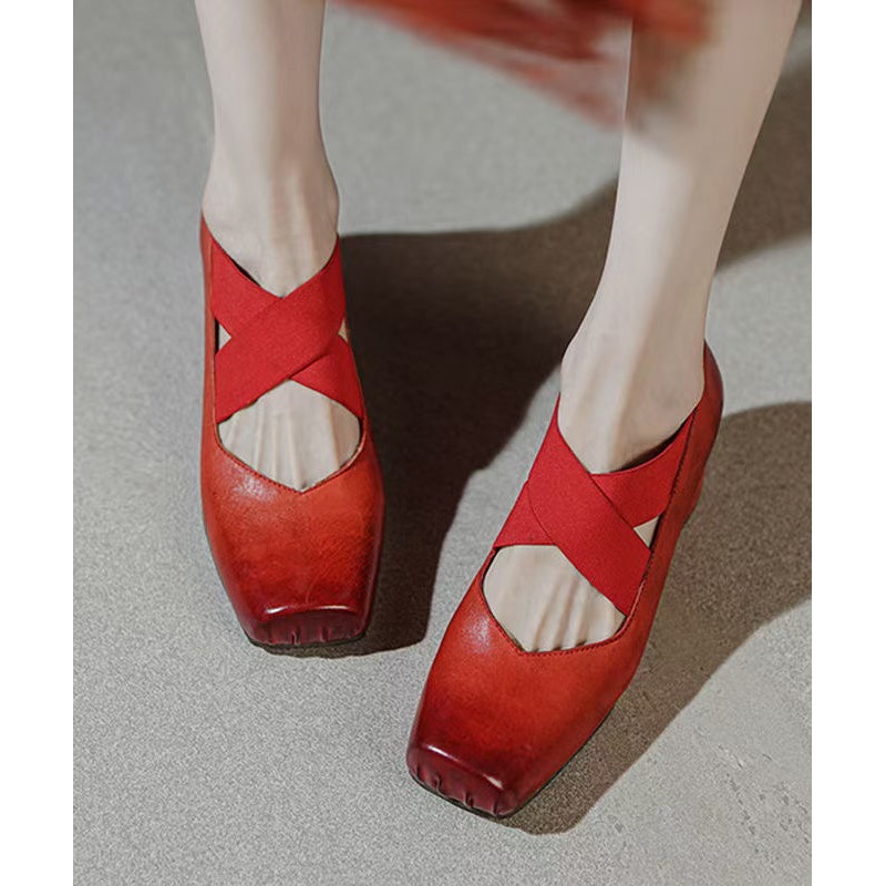 Boutique Cross Strap Splicing Chunky Heel Red Horsehide Leather