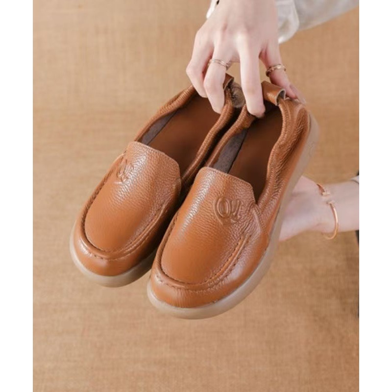 Brown Comfy Cowhide Leather Platform Flat Feet Shoes