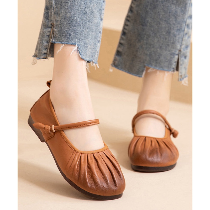 Brown Comfy Cowhide Leather Women Splicing Flat Shoes Wrinkled