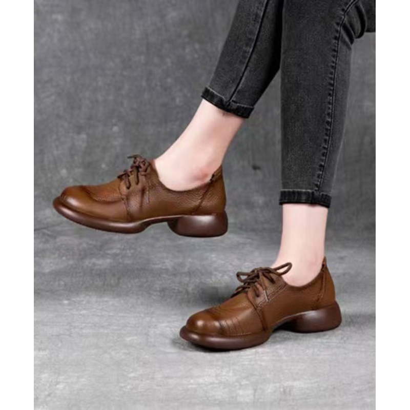 Brown Cowhide Leather Lace Up Splicing Flat Shoes For Women