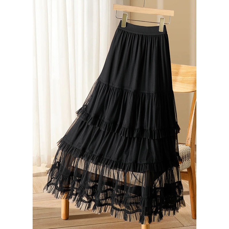 Casual Black Ruffled Elastic Waist Tulle Long Cake Skirts