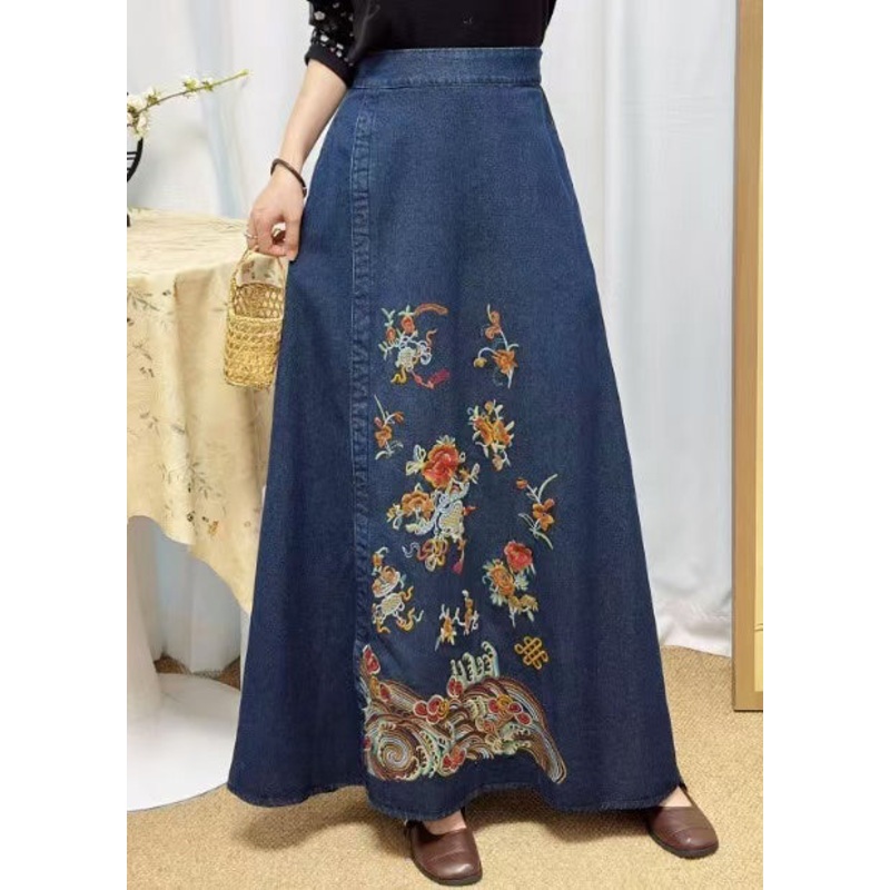 Casual Blue Embroidered Denim A Line Skirt Summer