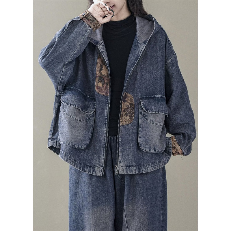 Casual Blue Hooded Patchwork Denim Coats Spring