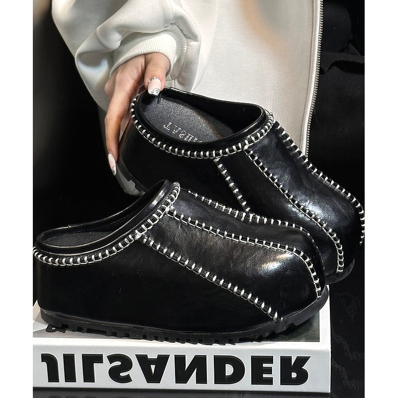 Casual Comfy Splicing Platform Black Cowhide Leather Slide Sandals