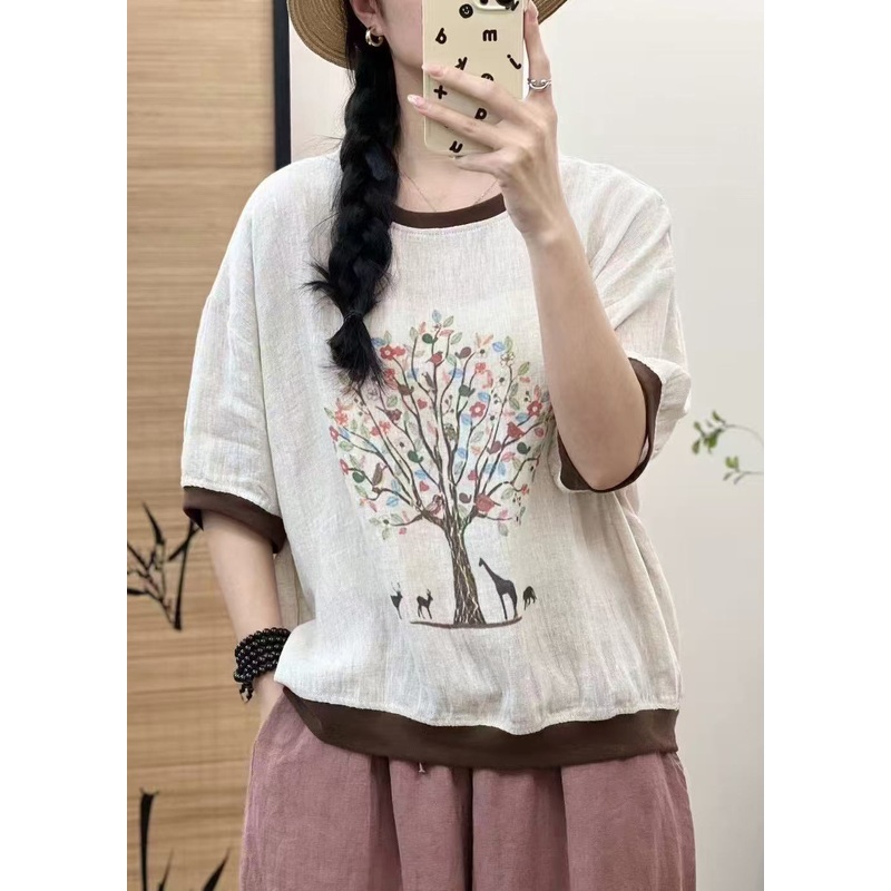 Casual White Oversized Patchwork Print Linen Tops Sleeveless