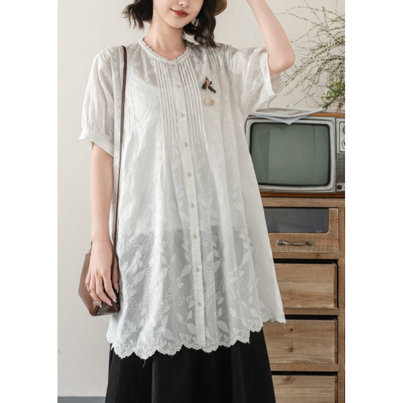 Chic White Embroidered Cotton Long Blouses Summer