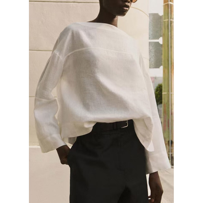 Chic White Slash Neck Back Lace Up Linen Shirts Spring