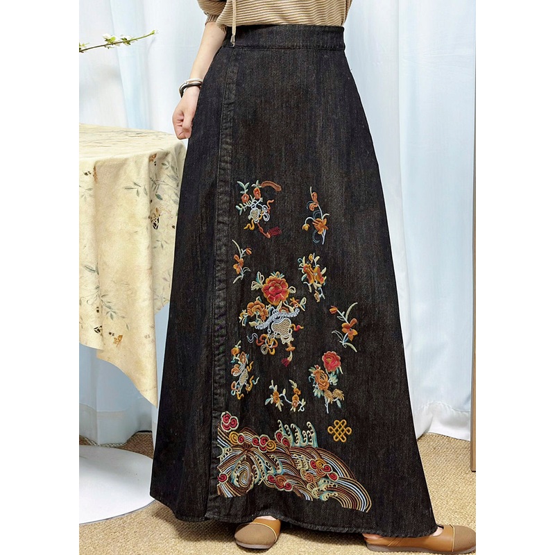 Chinese Style Black Embroidered Denim Skirts Summer