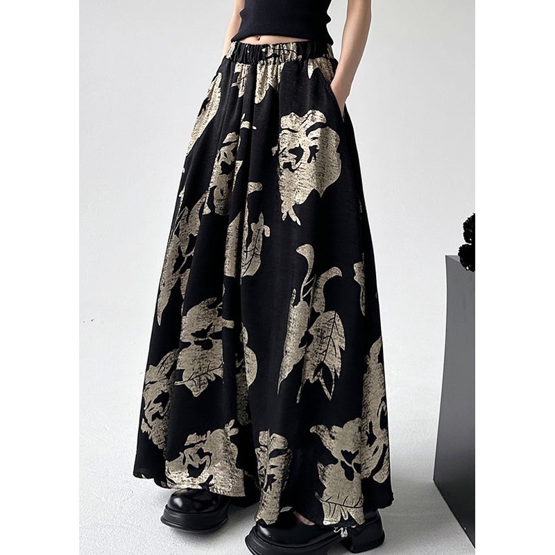 Chinese Style Black Print Elastic Waist A Line Skirts