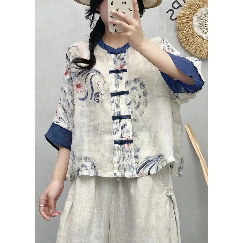 Chinese Style Blue Print Patchwork Linen Shirts Summer