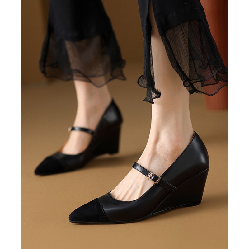 Classy Black Cowhide Leather Wedge Heels Shoes Splicing Buckle Strap