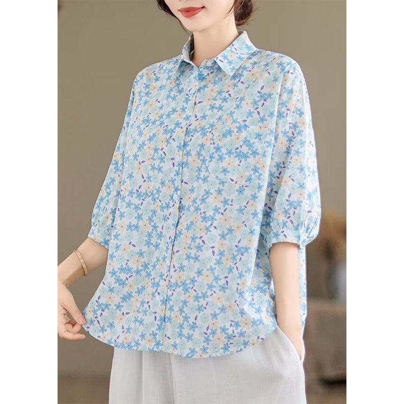 Classy Blue Oversized Print Cotton Blouse Tops Half Sleeve