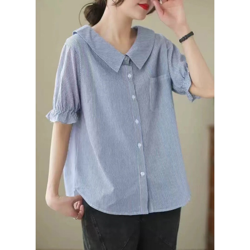 Classy Blue Peter Pan Collar Striped Cotton Shirts Summer