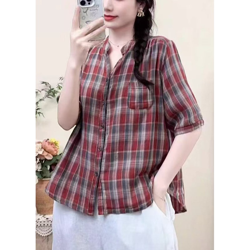Classy Red Plaid Cotton Shirt Top Summer