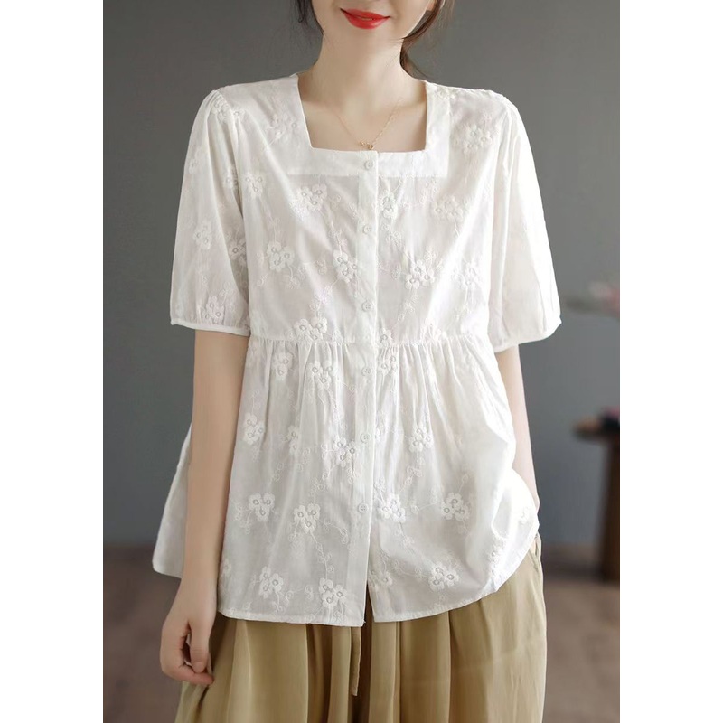 DIY Apricot Square Collar Embroidered Cotton Tops Summer