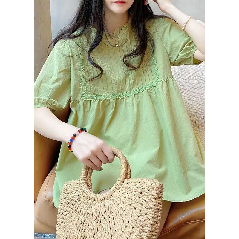 DIY Fruite Green Ruffled Wrinkled Cotton Shirt Top Summer