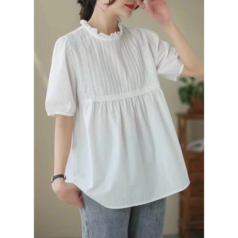 Elegant White Ruffled Wrinkled Cotton Shirt Top Summer