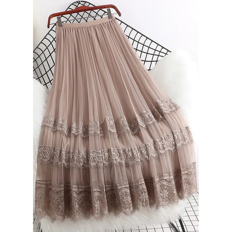 Fashion Brown High Waist Tulle Maxi Skirts Woman Mesh Lace Patchwork