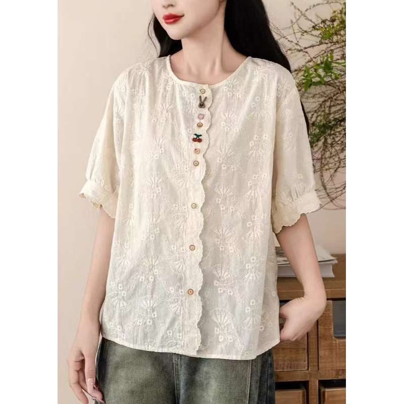 Fine Beige Embroidered Cotton Shirt Tops Summer