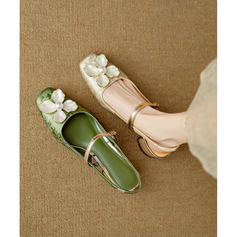 Green Chunky Floral Faux Leather New Chinese Style Sandals