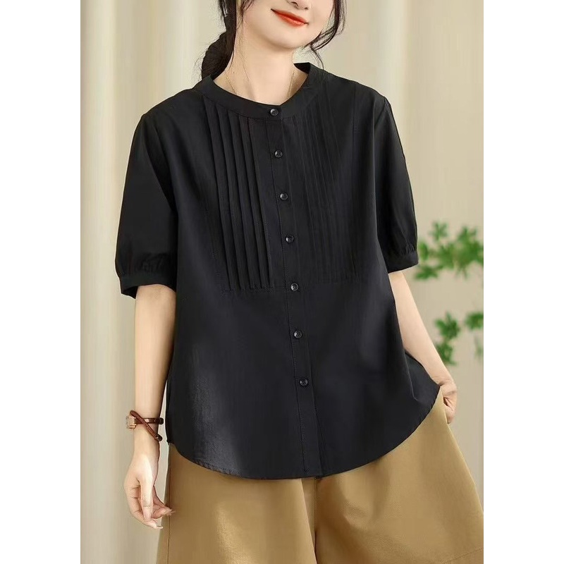 Handmade Black O-Neck Wrinkled Cotton Shirt Tops Summer