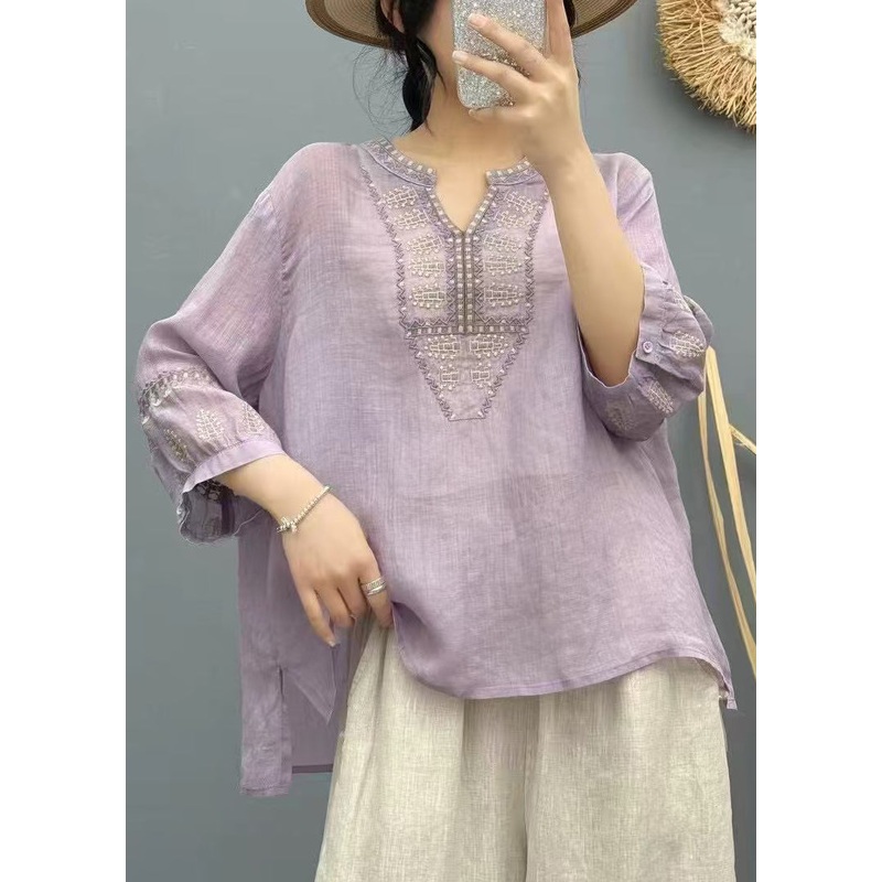 Handmade Purple Embroidered Linen Loose Shirts Bracelet Sleeve