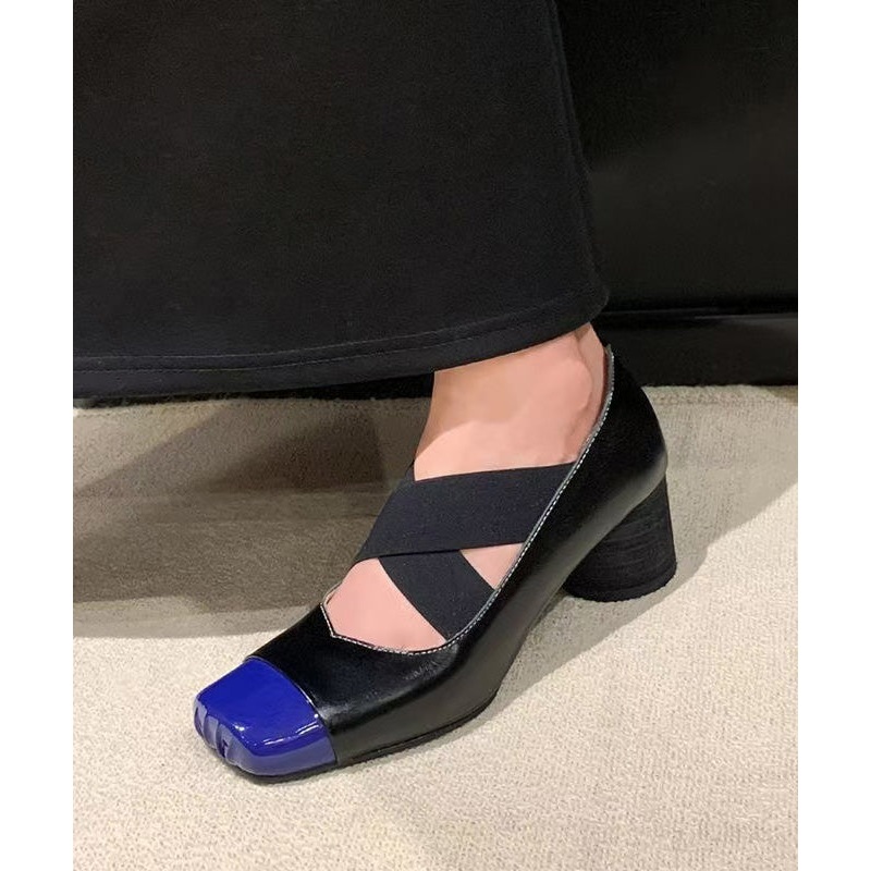 Handmade Square Toe Black Chunky Heel Cross Strap Shoes