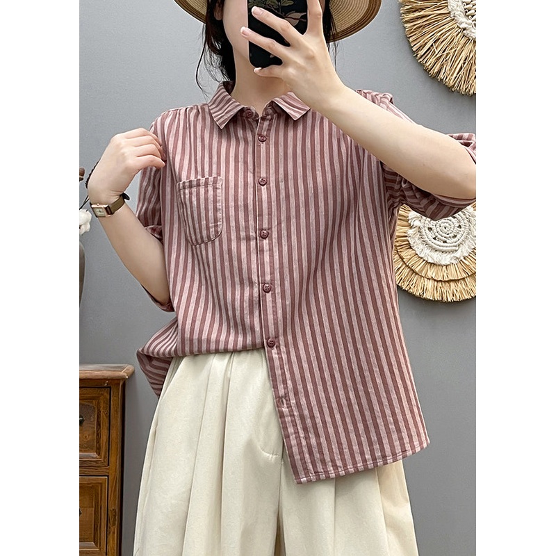Italian Pink Oversized Striped Cotton Blouse Top Half Sleeve
