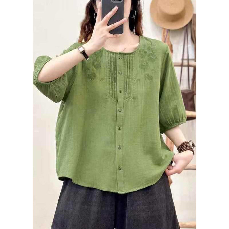 Natural Grass Green Embroidered Wrinkled Shirts Half Sleeve