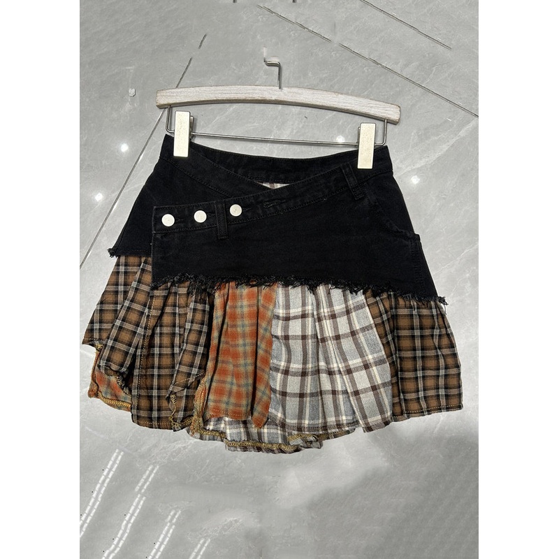Retro Black Plaid Patchwork High Waist Denim Skirt Summer