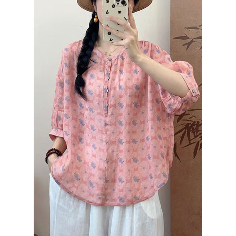 Simple Pink Oversized Print Linen Shirt Summer