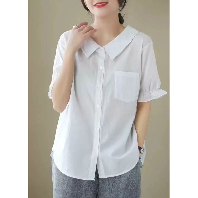 Simple White Peter Pan Collar Pocket Cotton Shirts Summer
