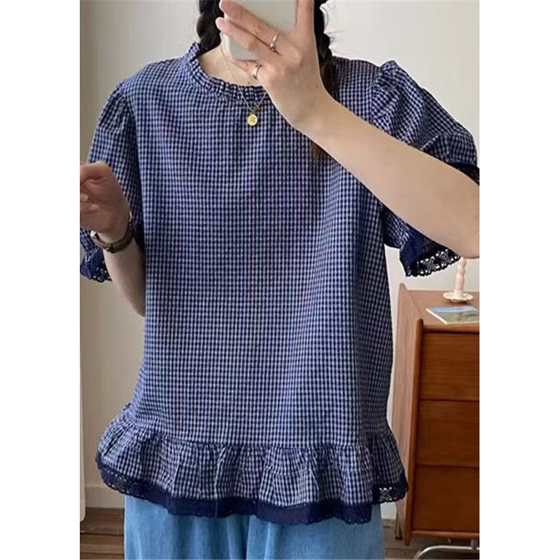 Style Blue Plaid Patchwork Lace Top Summer