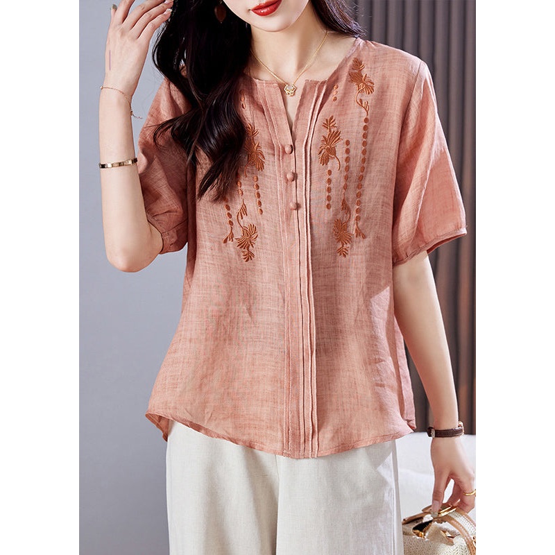 Style Pink Embroidered Linen Shirt Top Summer