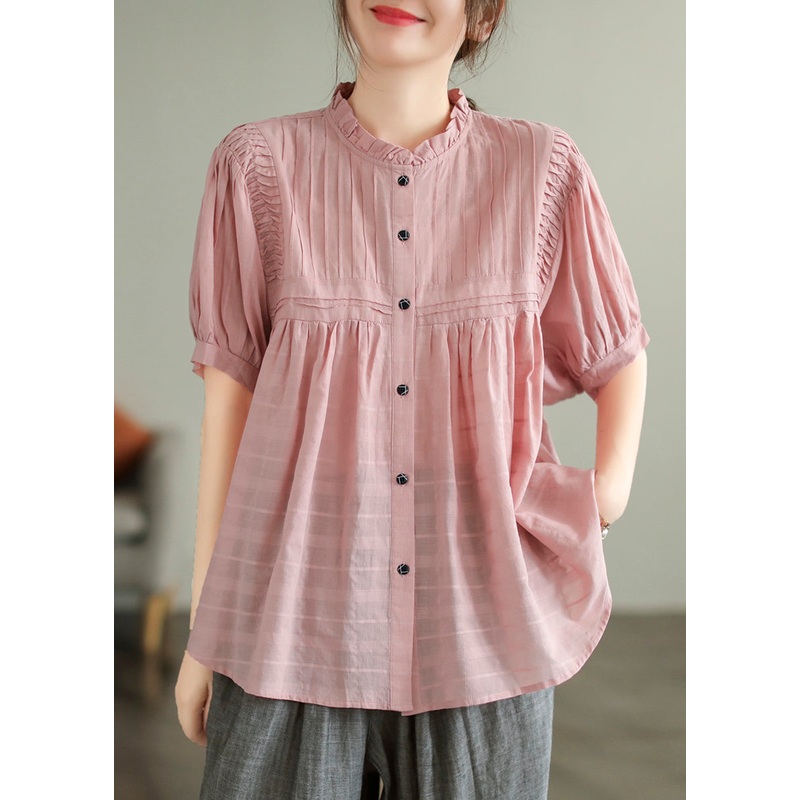 Style Pink Ruffled Wrinkled Cotton Shirt Summer