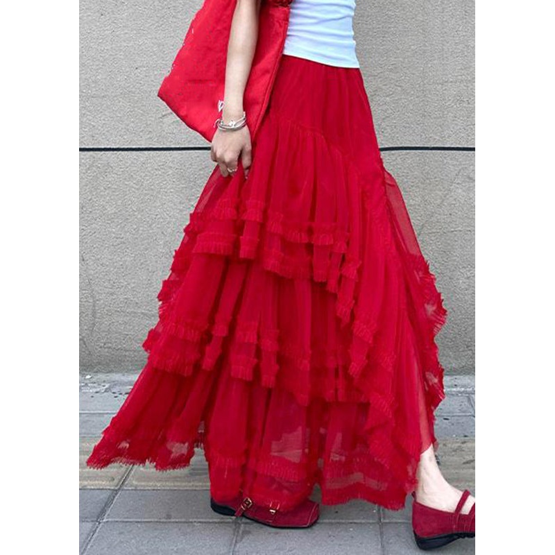 Style Red Elastic Waist Tulle Maxi Cake Skirt Summer