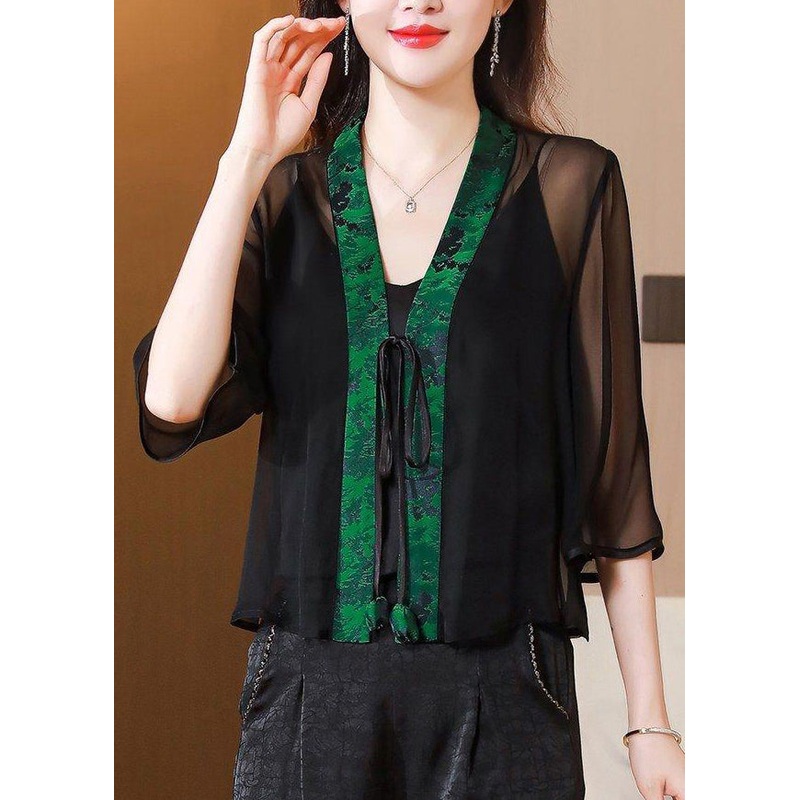 Stylish Green V Neck Print Tie Waist Tulle UPF 50+ Coat Half Sleeve