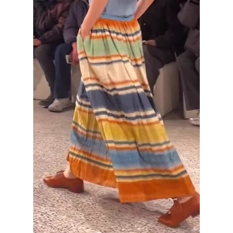 Stylish Rainbow Striped Pockets Elastic A Line Waist Skirts