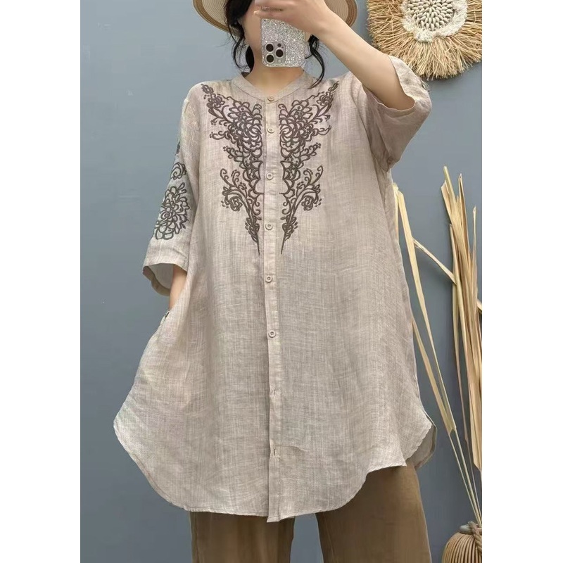 Vintage Apricot Embroidered Linen Long Shirt Summer