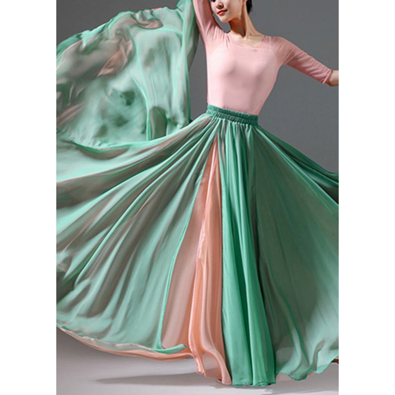 Vintage Grass Green Patchwork High Waist Silk Maxi Skirt Summer
