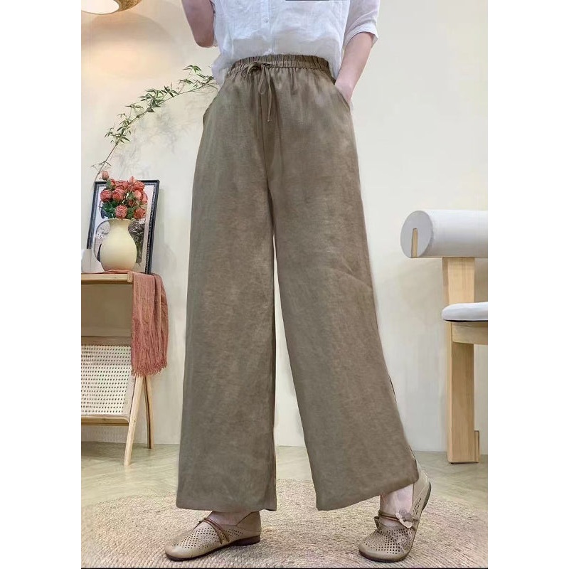 Vintage Khaki Elastic Waist Linen Straight Pants Summer