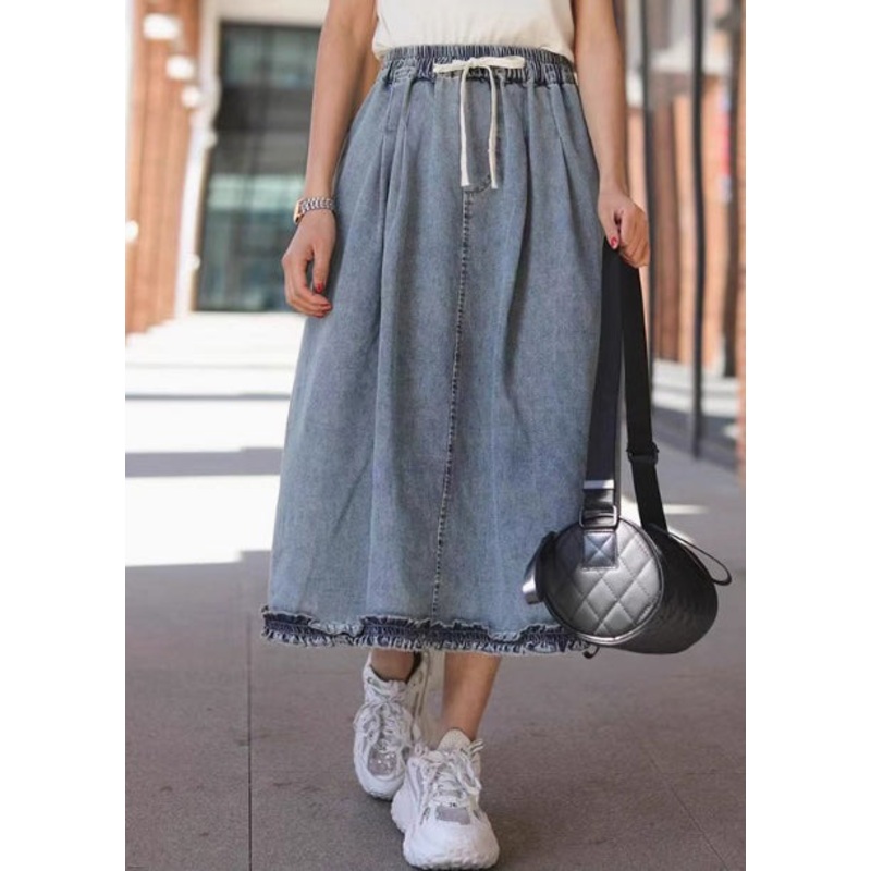 Vintage Light Blue Ruffled Elastic Waist Denim Skirt Summer