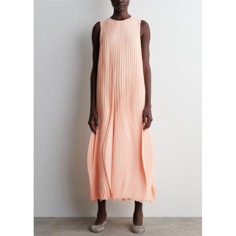 Women Apricot Wrinkled Chiffon Long Dress Sleeveless