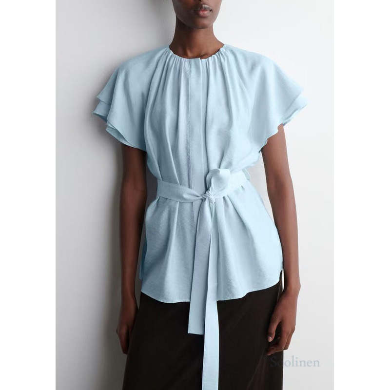 Women Blue Tie Waist Cotton Top Cloak Sleeves